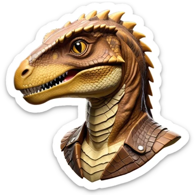 Cinematic Realistic Noble velociraptor/T-rex Portrait Emoji, Poised and imposing, with a massive, muscular build and a rugged, intricately scaled hide in ancient earthy tones, a sharply defined, fearsome head with piercing, primal eyes rendered in lifelike detail, high shine, intelligent and formidable, styled with an air of prehistoric authority, focused and attentive, soft glowing outline, capturing the essence of a watchful and confident velociraptor/T-rex that appears ready to roar out of the screen with timeless power! sticker