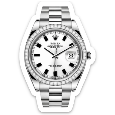 Crie um emoji com essas especificações: Um Rolex Datejust "Iced Out" prateado, totalmente coberto por diamantes na caixa, luneta e pulseira Jubilee. O mostrador possui fundo cravejado com diamantes (pavé), algarismos romanos pretos e lente de aumento na data. sticker