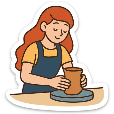 flat toon style girl with long red hair making pottery sticker