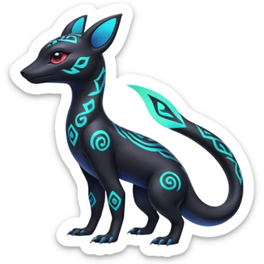 Colorful Neon Exotic Salandit-Aurorus-Umbreon-Fakémon-hybrid-creature (full body) with iridescent tribal markings sticker