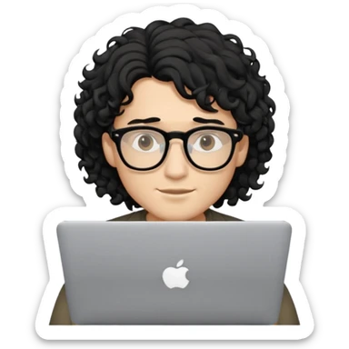 guy with wavy kinda curly black hair and light-to-medium skin tone and glasses, with a macbook sticker
