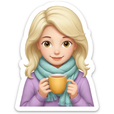 A warm-looking woman with a fluffy pastel scarf, smiling softly while holding a cup of tea. sticker