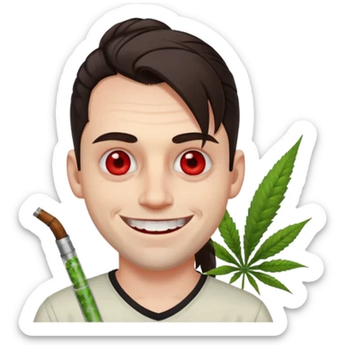 A white man with dark brown hair in a ponytail, oversized bloodshot eyes, grinning, weed smoker  sticker