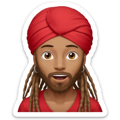 Brownskin man with long brown dreadlocks 
red t-shirt 
white turban 
expression is in love 
his eyes mouth open  sticker