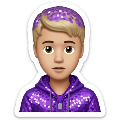 Justin Bieber with light skin, dark blonde hair, purple sequin outfit sticker