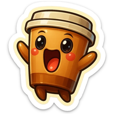 Tall coffee cup, wild, over the top, excited, big eyes, big mouth, screaming, tilted back sticker