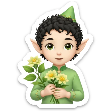 Tiny elf baby black curly hair with pointy ears\, pastel green outfit, hold flowers sticker