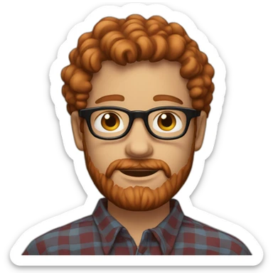 man,25 years,eyes blue,redhead,short curly hair,beard, round glasses, red and black checked shirt sticker