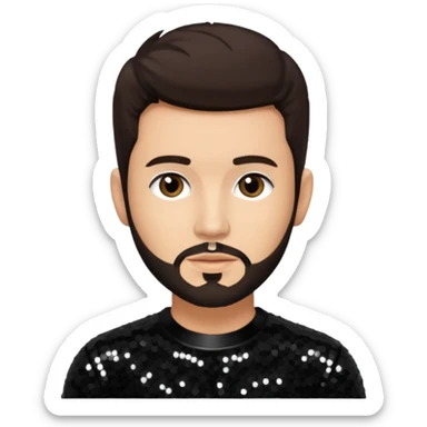 Frankie Zulferino, Pop Singer (b.1990) with dark brown hair and short beard, black sequin outfit, light tan skin sticker