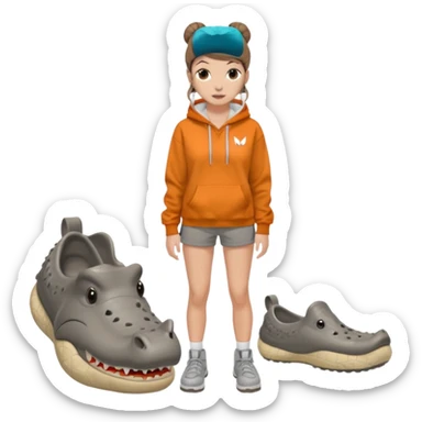 can you make a white girl with brown hair that is in a bun  and brown eyes and a normal white person nose and then she is wearing a grey hoodie mclaran formula 1 and wearing dirty white crocs with taylor swift gibits, 3 on each croc and she has 4 ear peiecings and hoop and stud and black shorts
 sticker