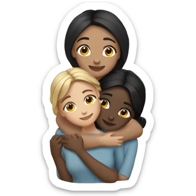 Three friends girl friends !  hugging each other warmly. One friend has fair skin and straight black hair, another has dark skin with black hair styled in a low bun, and the third has tan skin with wavy black hair.” sticker