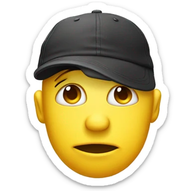 yellow face emoji with back words hat, biting lip, pinching chin with thumb and pointer finger, eye brows raised, and eyes are squinting a sticker
