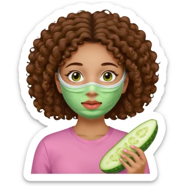lightskin girl having a spa day with green skincare facemask and cucumbers on her eyes and brown curly hair and a pink shirt  sticker