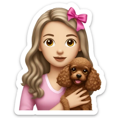 White girl with long brown hair holding a toy poodle with pink bow sticker