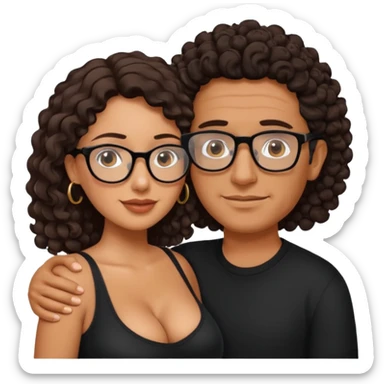 A picture of an embracing tanned couple. the man is a Mexican man with tanned skin, does not have glasses, with a bald hair cut, and wearing a black shirt. the woman is mixed, glasses,  with long curly dark brown hair and with big boobs sticker