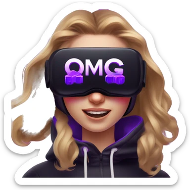 Russian girl wearing black hoody with violet letters "OMG", in vr headset oculus quest2. Dancing. Cyberpunk style. Violet neon. sticker