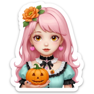 pastel pink orange halloween Lolita  flower pumpkin choker sticker