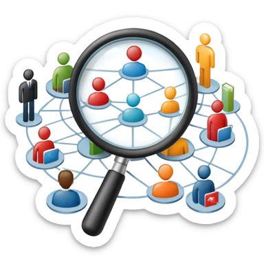 An icon featuring a group of diverse people, a social network diagram, and a magnifying glass, symbolizing sociology. The design includes charts and interconnected lines, representing the study of societies, relationships, and social behavior. Transparent background highlights social analysis. sticker
