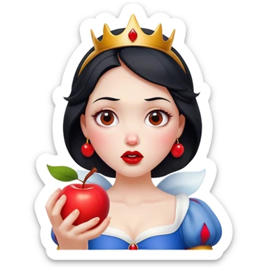 Cinematic Funny Snow White Portrait Emoji, Holding an apple with a suspicious expression, one eyebrow raised, lips pursed as if questioning her life choices, a hilariously relatable fairy tale moment! sticker