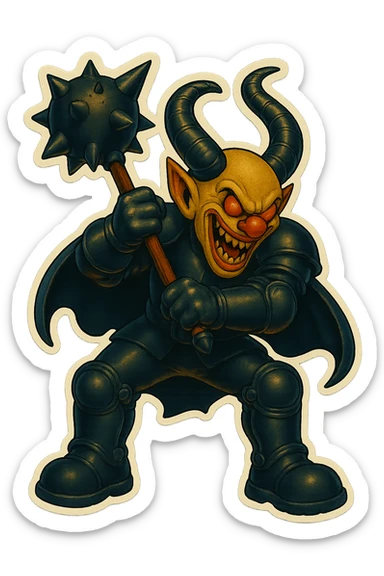 A menacing armored clown with ram horns, holding a mace with an oversized spiked head, wearing a short cape and glossy black on matte black armor, with large but not comically oversized black clown shoes, full body, vibrant retro stickers style, no yellow aged tint, glowing gold-red eyes, transparent background. sticker