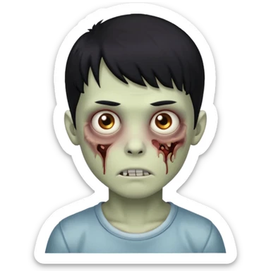 Garoto zombie, de cabelo preto, olhos castanhos claros, cabelo um pouco cacheado com franja sticker