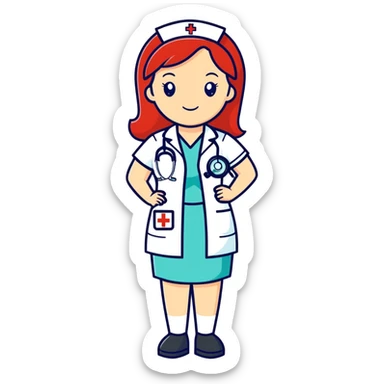 Heavyset woman with long red hair nurse with stethoscope sticker