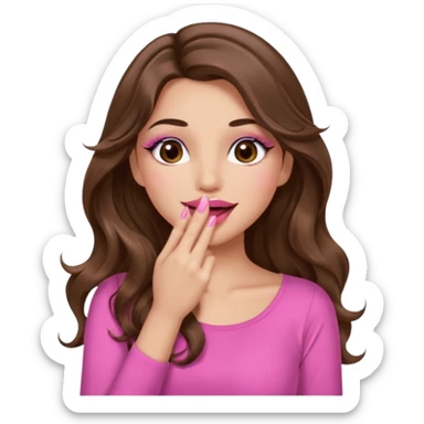 girl with long wavy brown hair, brown eyes, long lashes makeup, sexy pink lips, light to medium complexion, wearing a pink sexy top, sexy, giggling hand covering mouth sticker