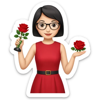 female asian chemistry teacher wearing glasses holdin a flask pointing right with straight short hair to her shoulders wearing a red dress with roses on it and black hair and make the glasses more retangle and make her hold a flash with one hand and with the other point right and make her smile sticker