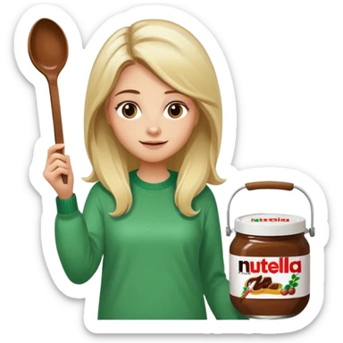 Blond woman with white and green pullover holds in one hand a big carriage of Nutella and in the other hand a oversized spoon which is in the carriage of Nutella. Her hair is long. And the Nutella jar is very big sticker