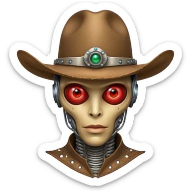 Close-up portrait of a biomechanical alien cowboy, half organic half robotic face, metallic textures blending with alien skin, glowing red eye, futuristic cowboy hat, moody lighting, ultra realistic detail, cyber-western style
 sticker