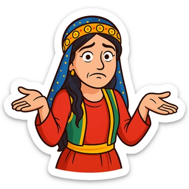 Create a colorful and cheerful cartoon sticker of a Kurdish woman wearing traditional Kurdish female clothing, with no shadows or color halos around the image. The face should have an indifferent or unsure expression with raised eyebrows and a closed or crooked mouth. Both hands are open with palms facing up, shoulders raised, and the body slightly hunched, exactly matching the pose in the reference images. No text, completely transparent background. Suitable for WhatsApp and Instagram. sticker