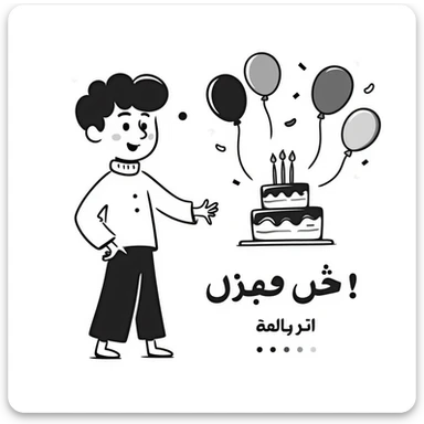 A happy little boy celebrating with a birthday cake with lit candles, balloons and streamers in the background. Include the Persian text at the bottom saying: "امیدرضاجان تولدت مبارک" sticker