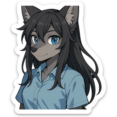 anime style wolf furry character with blue eyes, long black hair, wearing a light blue shirt sticker