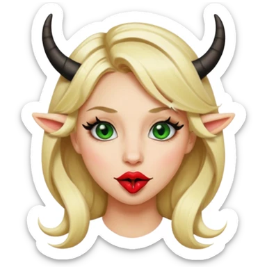 Emoji femme blonde cheveux blond, yeux vert avec de long cils noir qui tire la langue et à des cornes  sticker