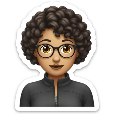 girl with short curly dark brown hair and bangs and thin glasses sticker