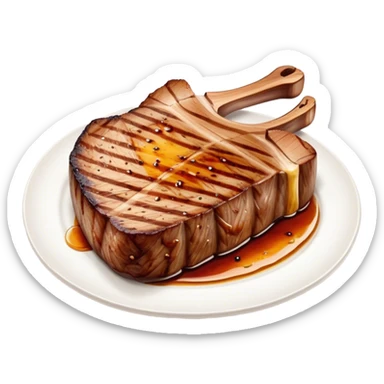 Cinematic thick-cut scotch t-bone steak, perfectly seared with grill marks, a grilled center, rich and savory, warm glow, sizzling and mouthwatering, highly detailed and appetizing. sticker