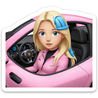 pink Porsche taycan with blonde girl, long hair, blue eyes, sitting inside the car, front view point of view, no sunglasses, sexy sticker