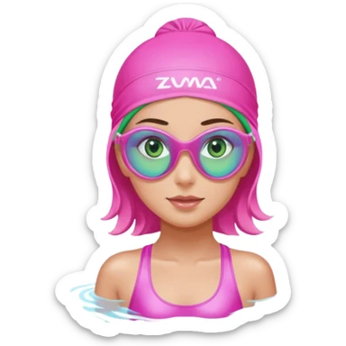 pretty girl with green eyes pink swim cap holographic swimming glasses and cute profesional swimmer pink swimsuit without her hair visible sticker