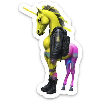 .Zombie_ Vaporwave black holographic oilslick zombie unicorn yellow caution tape graffiti Pegasus with  prosthetic leg  sticker