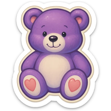 Remove the glitter effect from the purple and white teddy bear's fur, keep it soft and plush, no shadows, flat lighting, no background. sticker