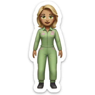 Woman dark blond hair light green eyes  pink  full body jumpsuit flying sticker