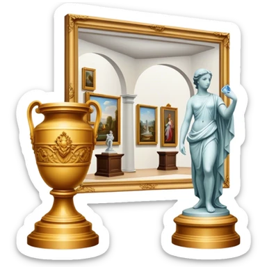 An icon featuring an elegant art gallery with classic paintings hanging on the walls, and sculptures displayed on pedestals. Visitors admire the exhibits, capturing the essence of culture, history, and art. Set against a transparent background. sticker