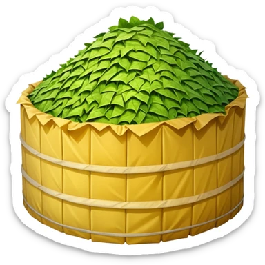 a mound of yellowish pressed silage, covered by plastic sheeting, but uncovered on one side sticker