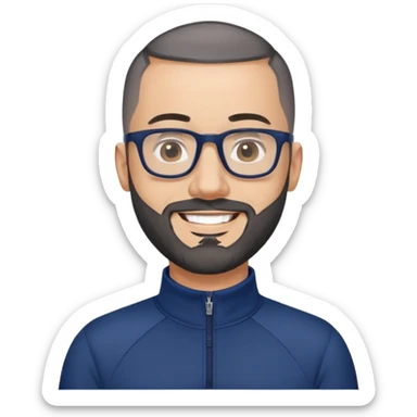 Smiling 40-year-old man with light skin, buzzcut-style very short black hair, gray beard, black glasses, wearing a navy blue athletic zip-neck long sleeve shirt sticker