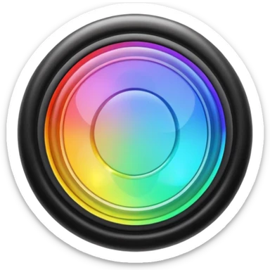 A speaker emoji 🔊 with a smooth CD-like surface that reflects rainbow iridescent colors, glowing RGB light ring around the edge, shiny plastic body, prismatic reflections shifting across the front, soft sparkles and light gleams, holographic sheen, clean simple shape, bright colorful highlights sticker