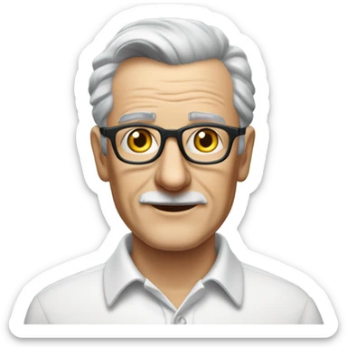 An elderly English man with a kind and dignified appearance, wearing thin-framed glasses. He has neatly combed grey hair and a clean-shaven face with no moustache or beard. He is dressed in a crisp white smart polo shirt with black buttons, sticker