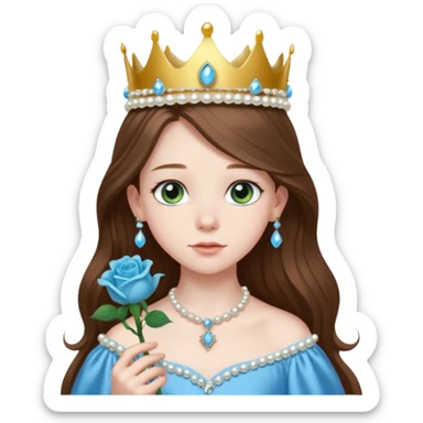 a 12 year old girl with shinny long brown hair and pretty green eyes with pale skin wearing a sky blue gown in a beautiful forest with adorable animals and stunning roses and lilacs surrounding her as she smells the only sky blue rose she is also wearing a crown that has pearls sticker