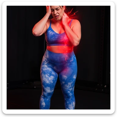 Realistic style edit of the same girl identical to the photo with one hand on the temple and one on the neck, expression of intense pain. Pain symbols like redness and lightning on neck and head. sticker