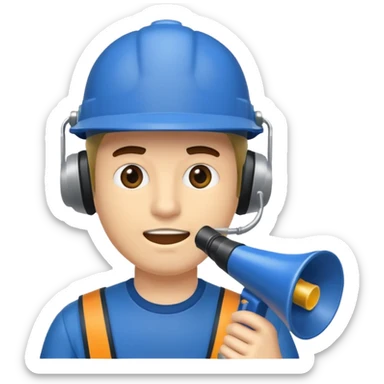 Um homem com capacete azul escuro segurando um megafone sticker