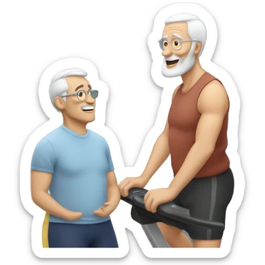 Two old guys talking in front of exercise equipment  sticker